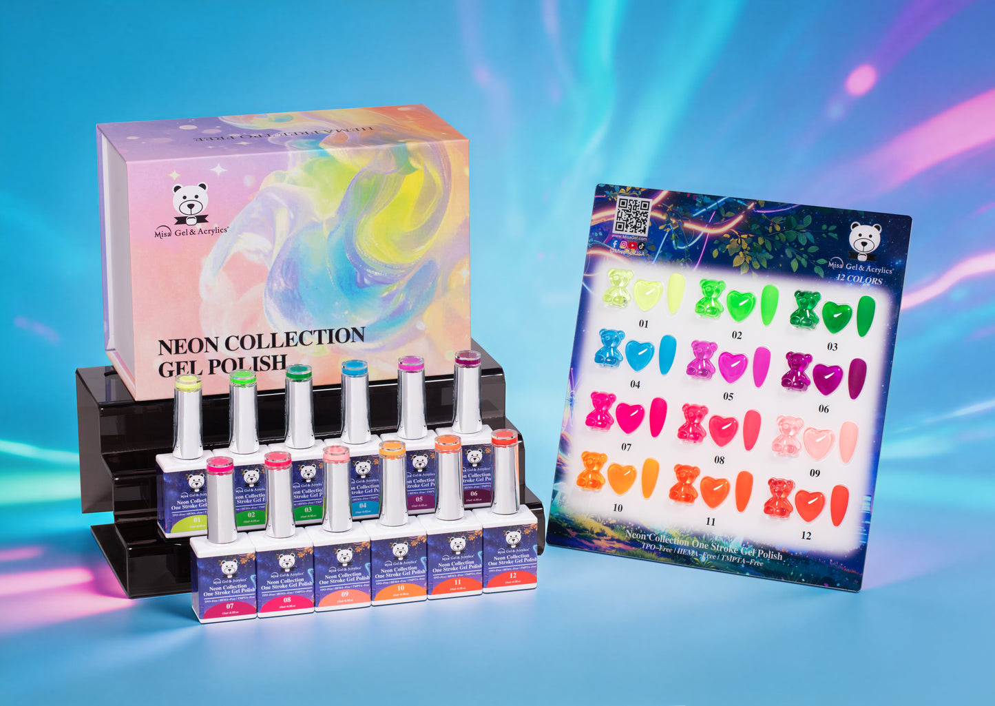 Misa Gel & Acrylics Neon Collection – 12 Color One Stroke Gel Polish Set – HEMA-Free & TPO-Free
