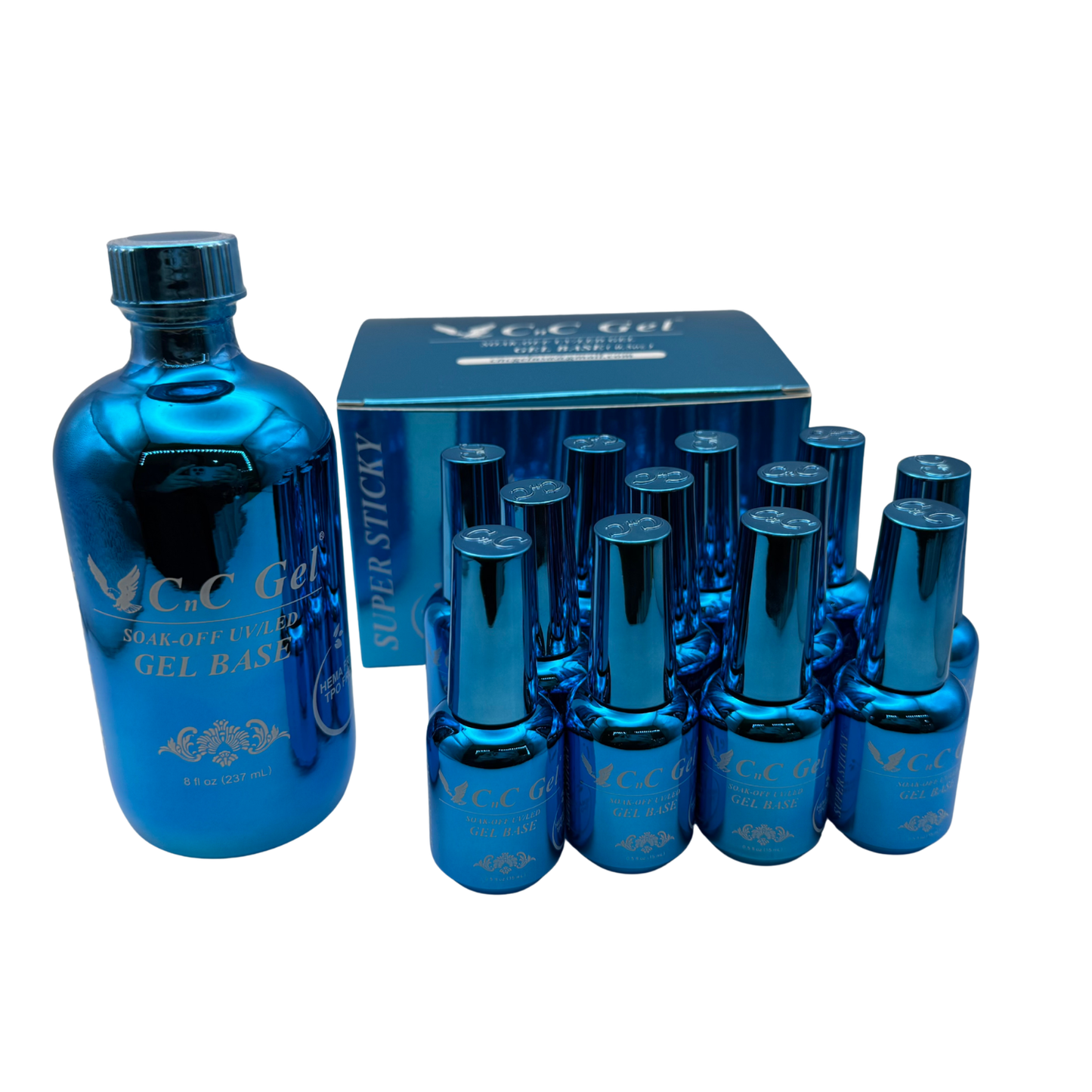 CnC Gel Base Super Sticky - HEMA/TPO-FREE - Soak-Off UV/LED – 8oz + 12 Free 0.5oz Bottles