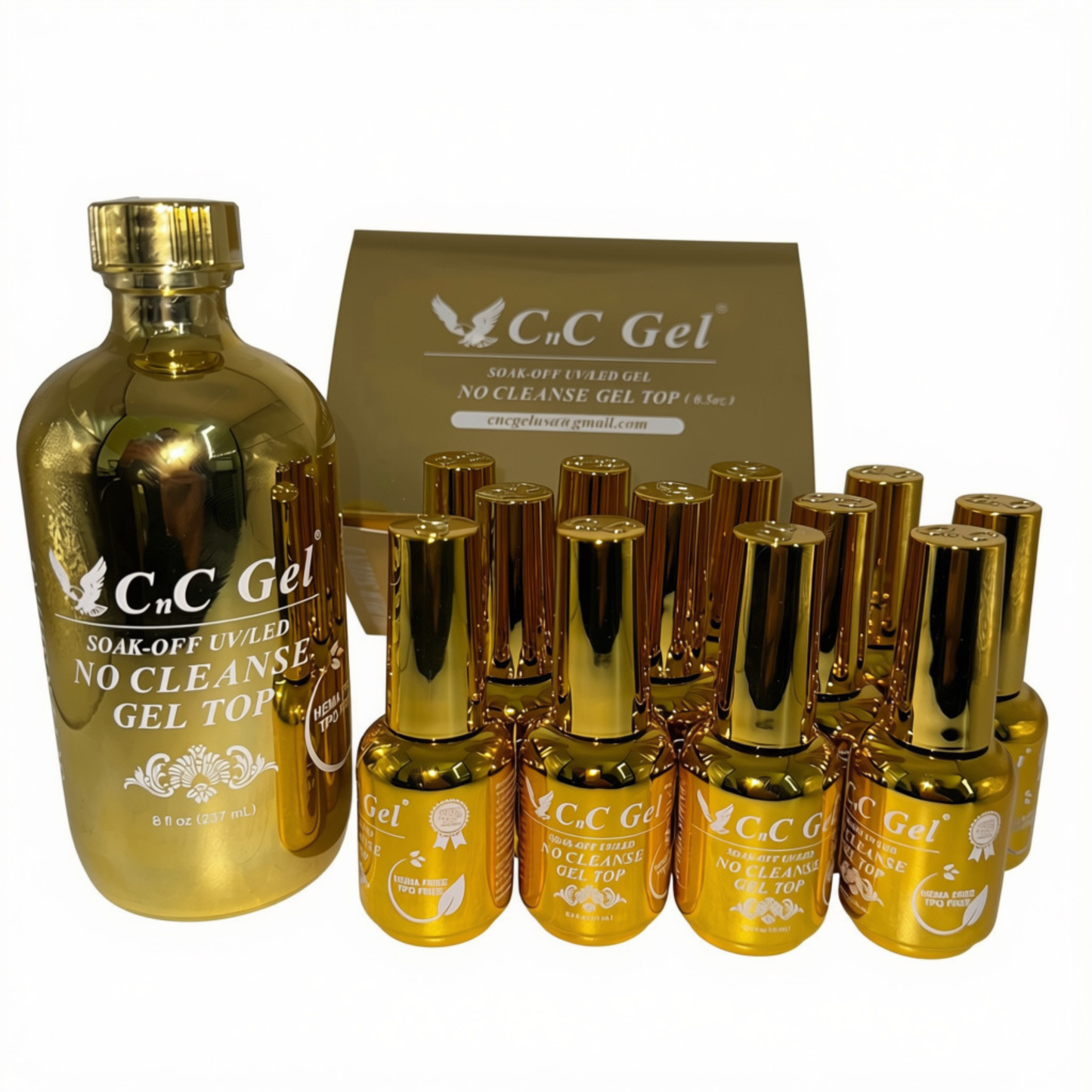 CnC Gel Top No Cleanse - HEMA/TPO-FREE - Soak-Off UV/LED – 8oz + 12 Free 0.5oz Bottles