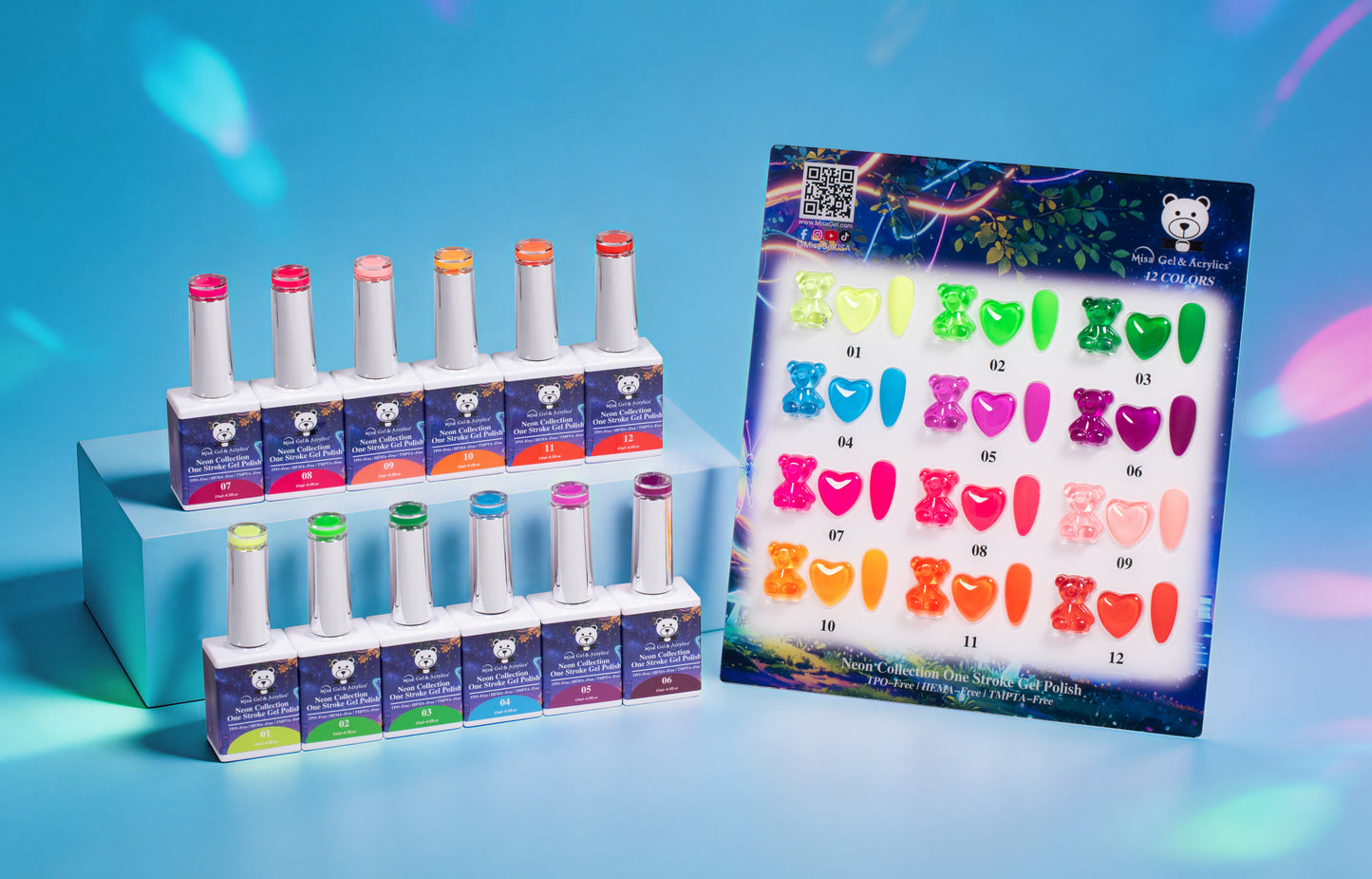 Misa Gel & Acrylics Neon Collection – 12 Color One Stroke Gel Polish Set – HEMA-Free & TPO-Free