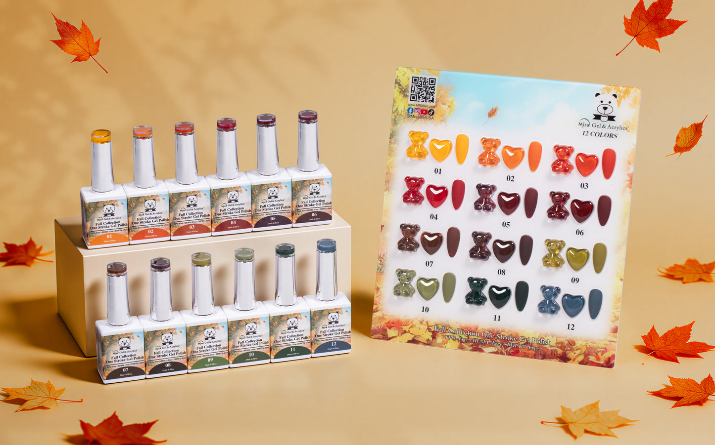 Misa Gel & Acrylics Fall Collection – 12 Color One Stroke Gel Polish Set – HEMA-Free & TPO-Free