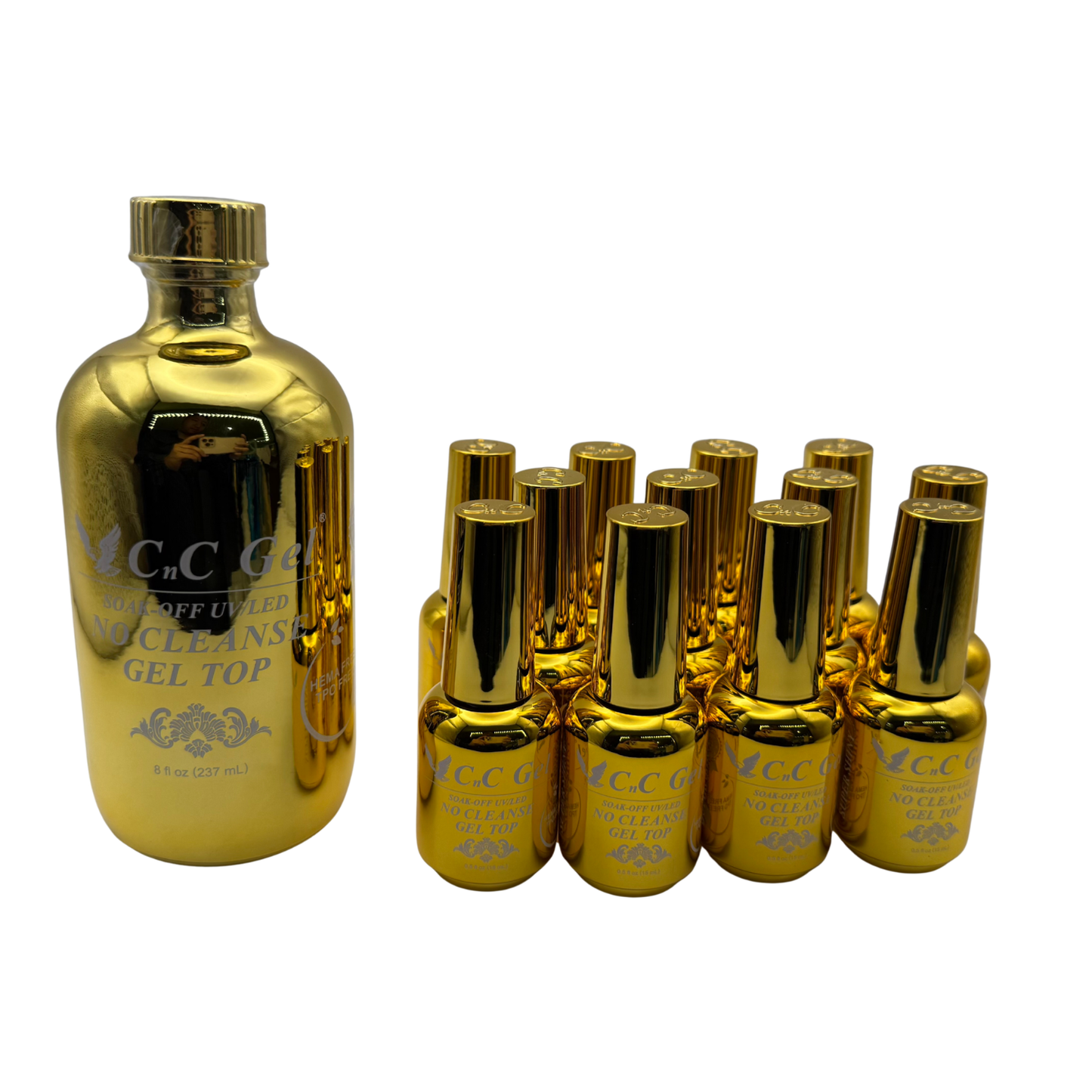 CnC Gel Top No Cleanse - HEMA/TPO-FREE - Soak-Off UV/LED – 8oz + 12 Free 0.5oz Bottles