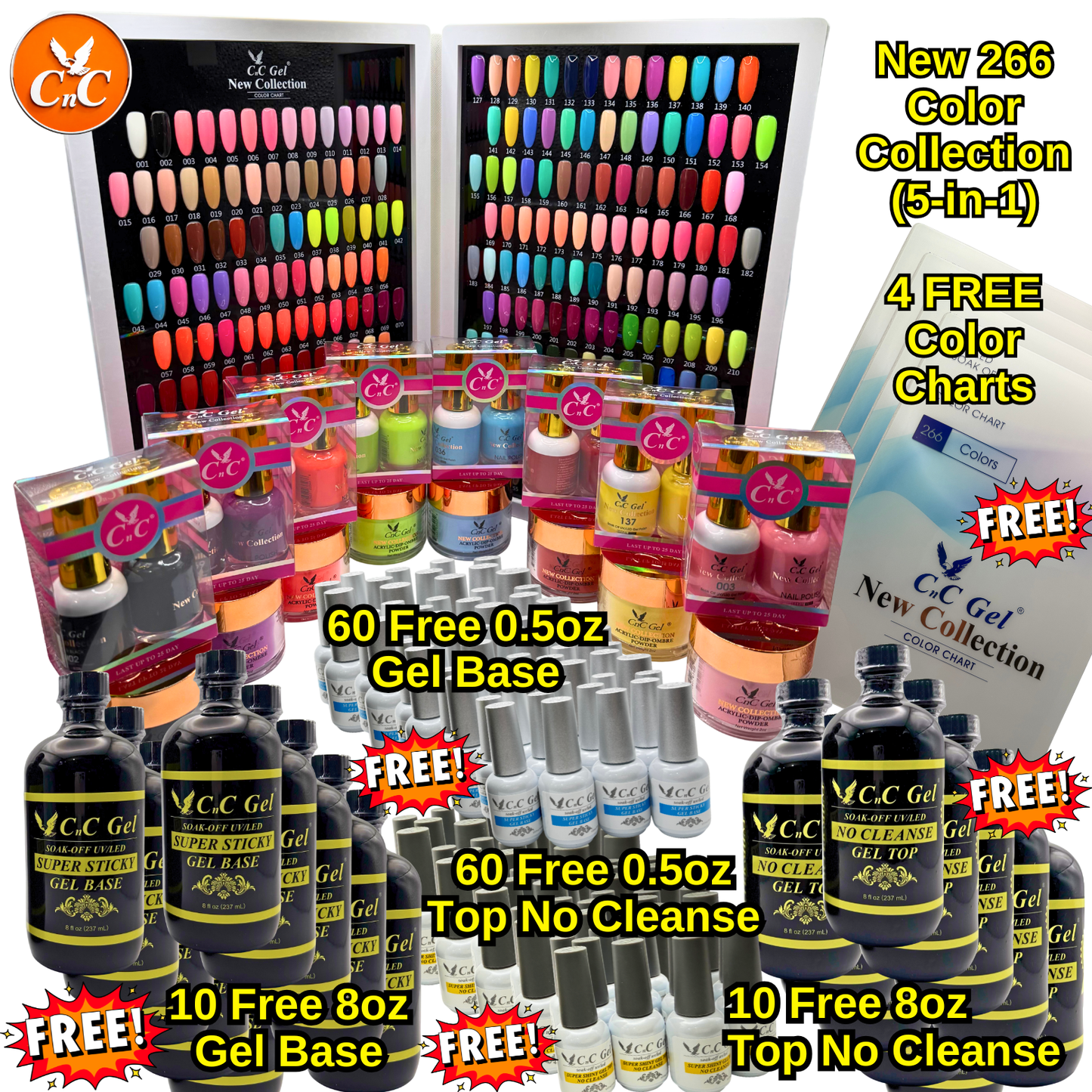Special Sale: CnC Gel 266 New Collection 5-in-1 + 10 Free 8oz Base + 10 Free 8oz Top + 60 Free 0.5oz Base + 60 Free 0.5oz Top + 4 Free Color Charts