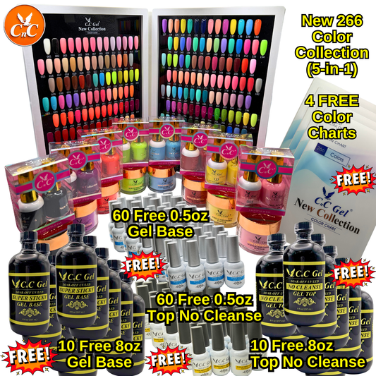 Special Sale: CnC Gel 266 New Collection 5-in-1 + 10 Free 8oz Base + 10 Free 8oz Top + 60 Free 0.5oz Base + 60 Free 0.5oz Top + 4 Free Color Charts