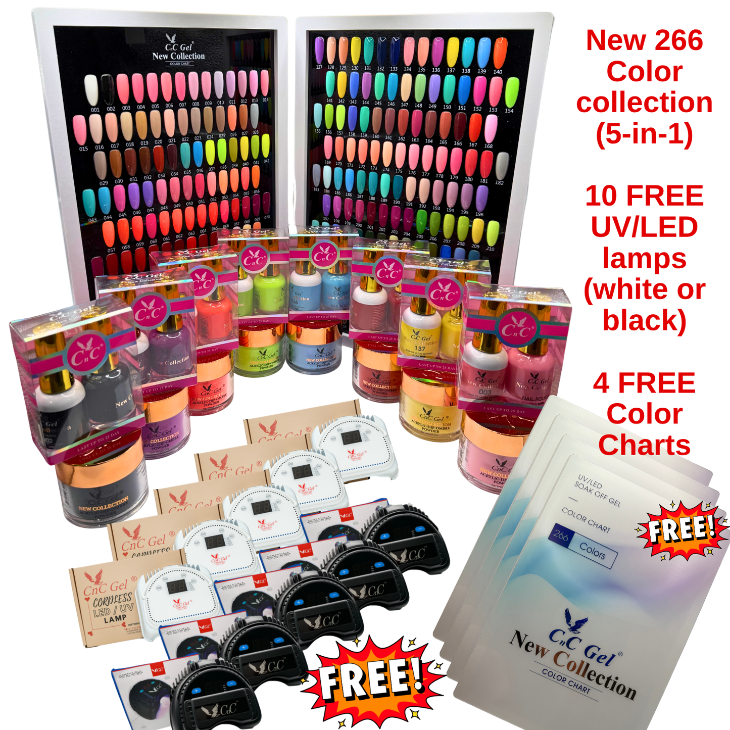 4th of July Special: CnC Gel 266 New Collection 5-in-1 + 10 Free UV/LED Lamps + 4 Free Color Charts